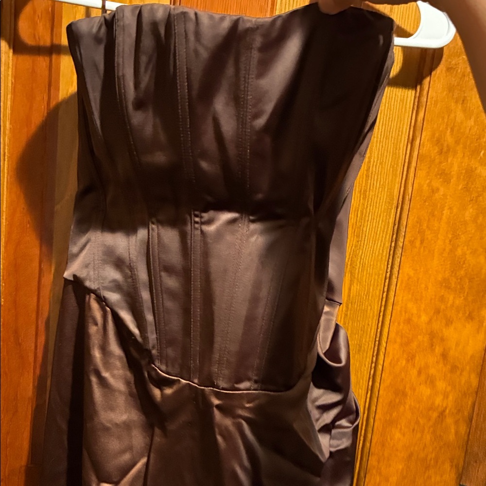 Bardot Strapless Satin Dress in Deep Brown